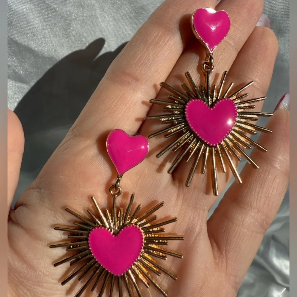 Pink Heart Statement Retro Gold Sunburst Dangle Valentine’s Day Jewelry